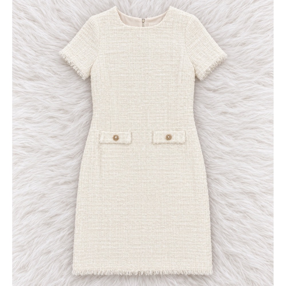 Bebop Cream Tweed Mini Dress Shift Short Sleeve Fringe Gold Pearl Button Size S